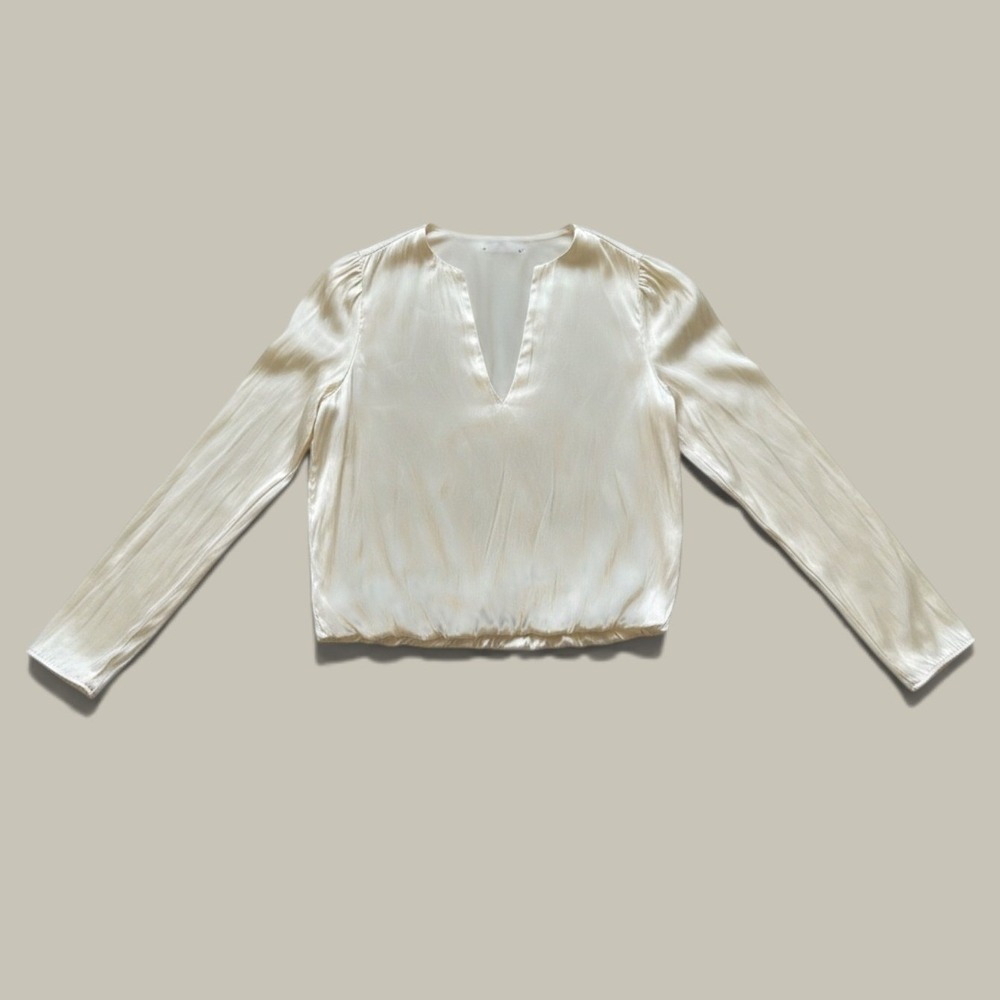Ivory Satin Long Sleeve Blouse Ruched Gathered Hem V Neck Size M